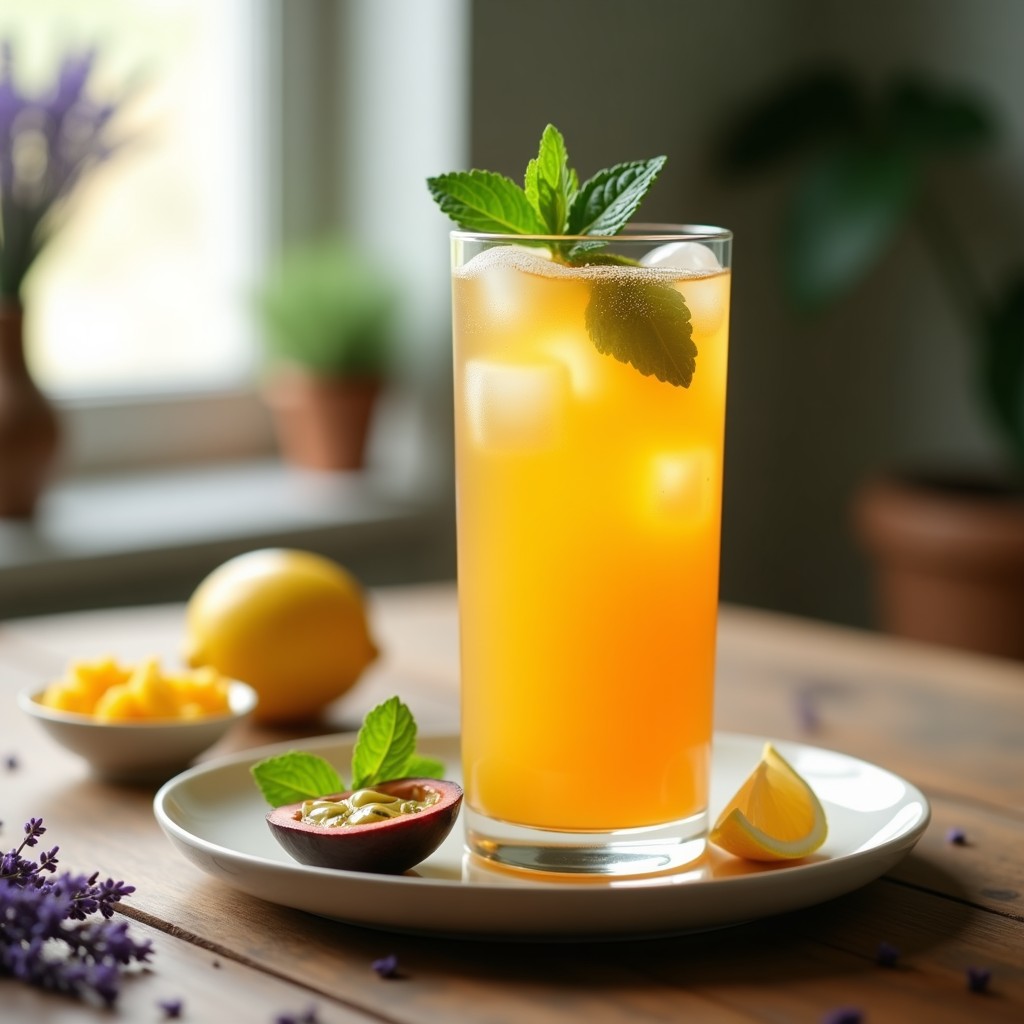 Vaso alto transparente con té frío de maracuyá y lavanda, decorado con hojas de menta y cubos de hielo, sobre una mesa de madera con flores de lavanda frescas y rodajas de limón al fondo.