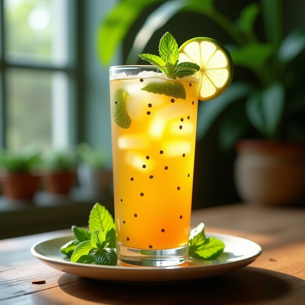 Vaso alto transparente con té frío de maracuyá y menta, decorado con hielo, rodaja de limón y hojas de menta fresca, sobre una mesa rústica con fondo borroso de hierbas verdes.
