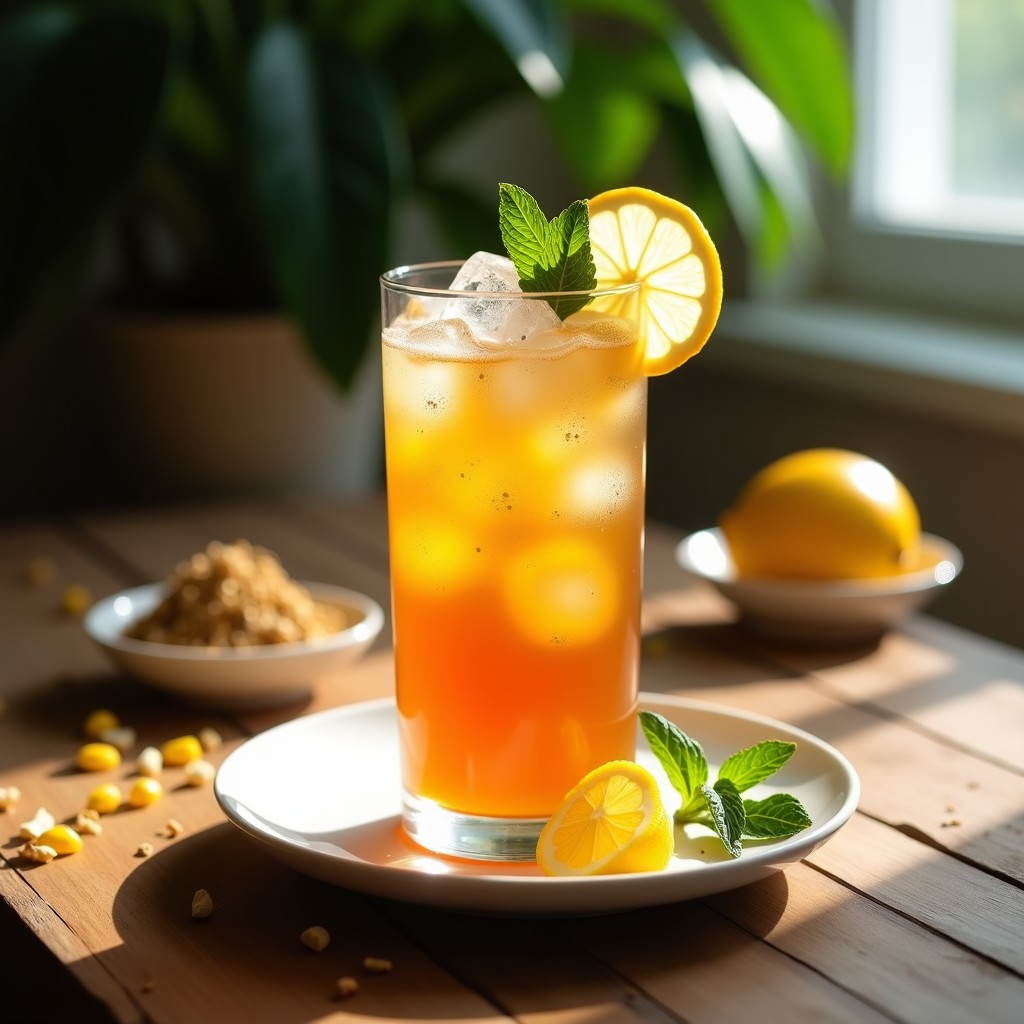 Vaso alto de cristal con té frío de rooibos y bergamota, de color ámbar claro, coronado con burbujas de limón efervescentes, decorado con una rodaja de bergamota, hojas de menta fresca y pimienta rosa, sobre un fondo de madera rústica con hielo disperso.