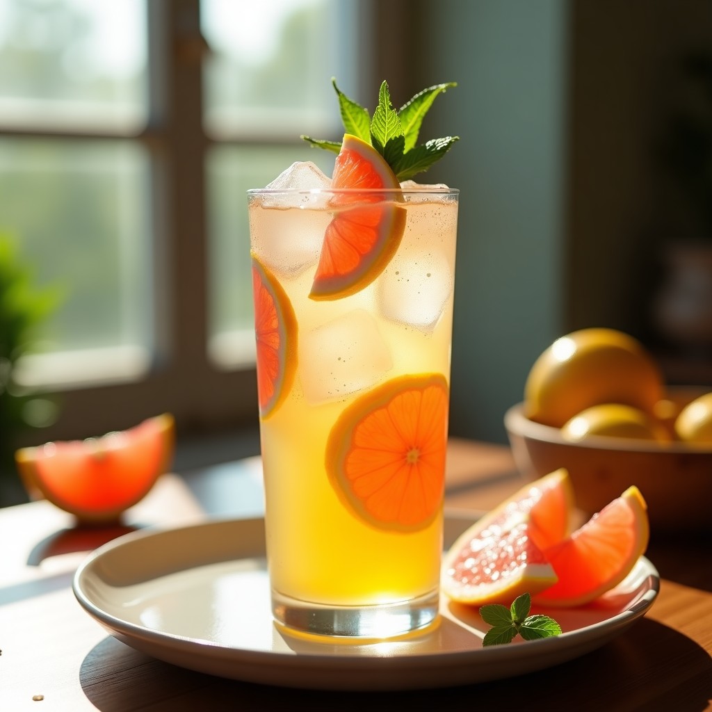 Vaso alto transparente con té frío de yuzu y mentas, burbujas de pomelo rosa flotando, hielo picado, rodajas de yuzu y hojas de menta como decoración, fondo borroso con luz natural.