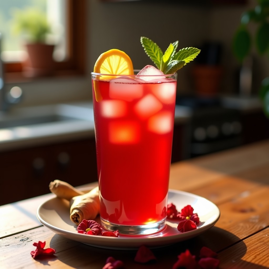 Vaso alto transparente con té glacé de hibisco y roselle de color rojo intenso, decorado con hielo, rodaja de jengibre, rama de canela y pétalos de rosa comestible. Bebida egipcia antioxidante y refrescante.