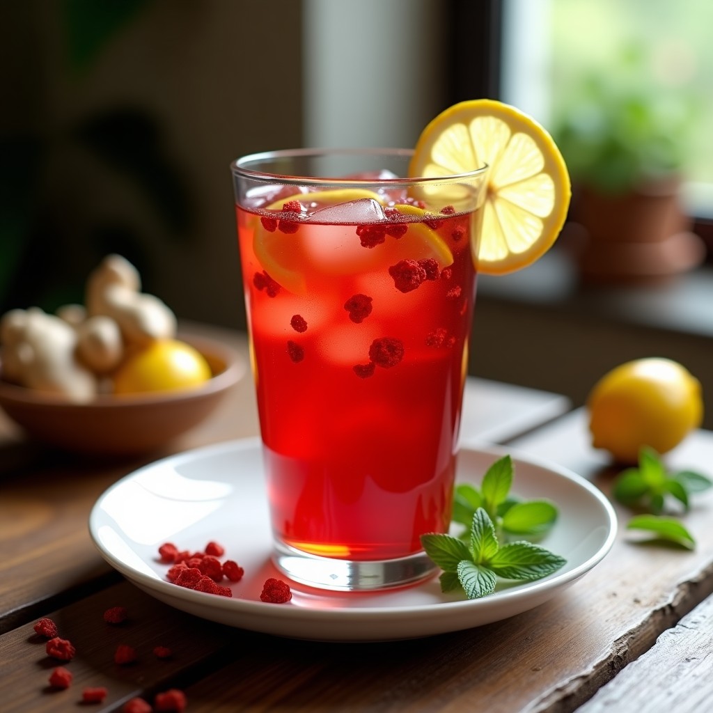 Vaso alto transparente con té glacial de color rojo intenso, servido con hielo, rodaja de limón amarillo y hoja de menta. Fondo borroso con ingredientes como flores de hibisco y jengibre fresco. Bebida detox y antioxidante.