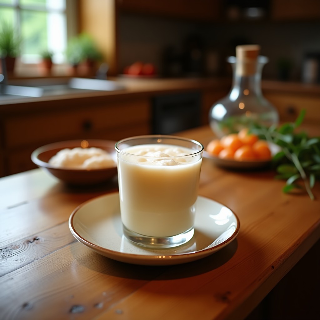 Vaso alto transparente con té helado de cardamomo y leche de coco, decorado con hojas de menta fresca y una rodaja de limón, sobre una mesa rústica de madera con especias de cardamomo al lado.