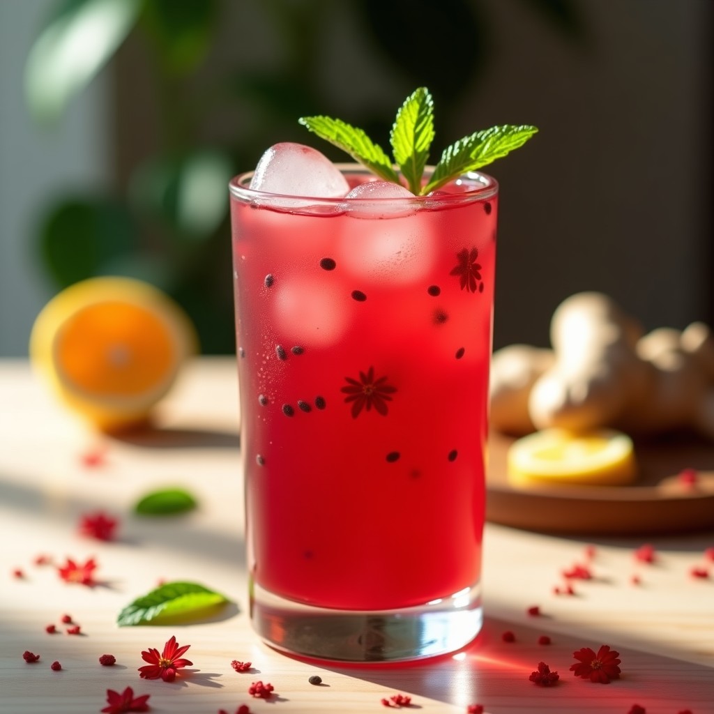 Vaso alto transparente con té helado de hibisco y jengibre con chía, de color rojo intenso, decorado con hojas de menta fresca y rodajas de limón, con semillas de chía hidratadas en suspensión. Bebida detox y baja en calorías sobre fondo claro.