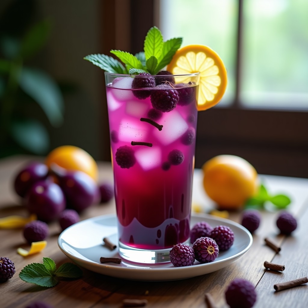 Vaso alto de cristal con té helado de jabuticaba y clavo, de color violeta oscuro, decorado con hojas de menta fresca, rodajas de limón y cubitos de hielo con jabuticabas congeladas. Fondo borroso con frutas brasileñas y especias.