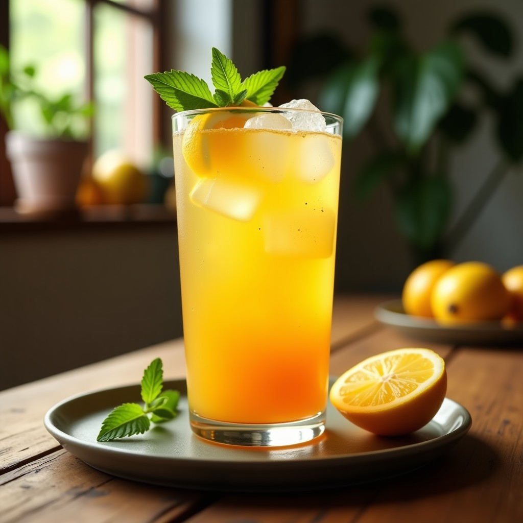 Vaso alto de cristal con té helado de maracuyá y jengibre, decorado con hielos, semillas de maracuyá y hojas de menta fresca, sobre una mesa de madera con fondo borroso de limones verdes y jengibre fresco.