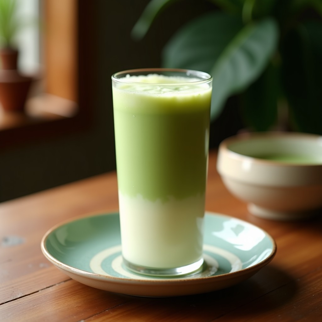 Vaso alto transparente con té helado de matcha y leche de coco, capas visibles de líquido esmeralda y blanco cremoso, decorado con semillas de chía y rodajas de limón, con hielo triturado y una pajita de bambú sobre fondo oscuro.