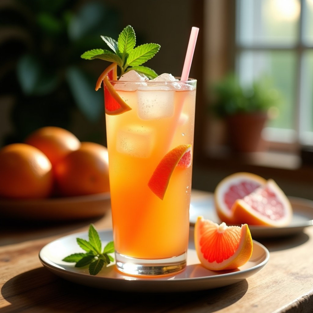 Vaso alto transparente con té helado de moringa y pomelo, de color ámbar claro con hielo brillante, decorado con tiras de cáscara de pomelo rojo y hojas de menta fresca. Fondo borroso con luz natural y gotas de condensación en el vaso.