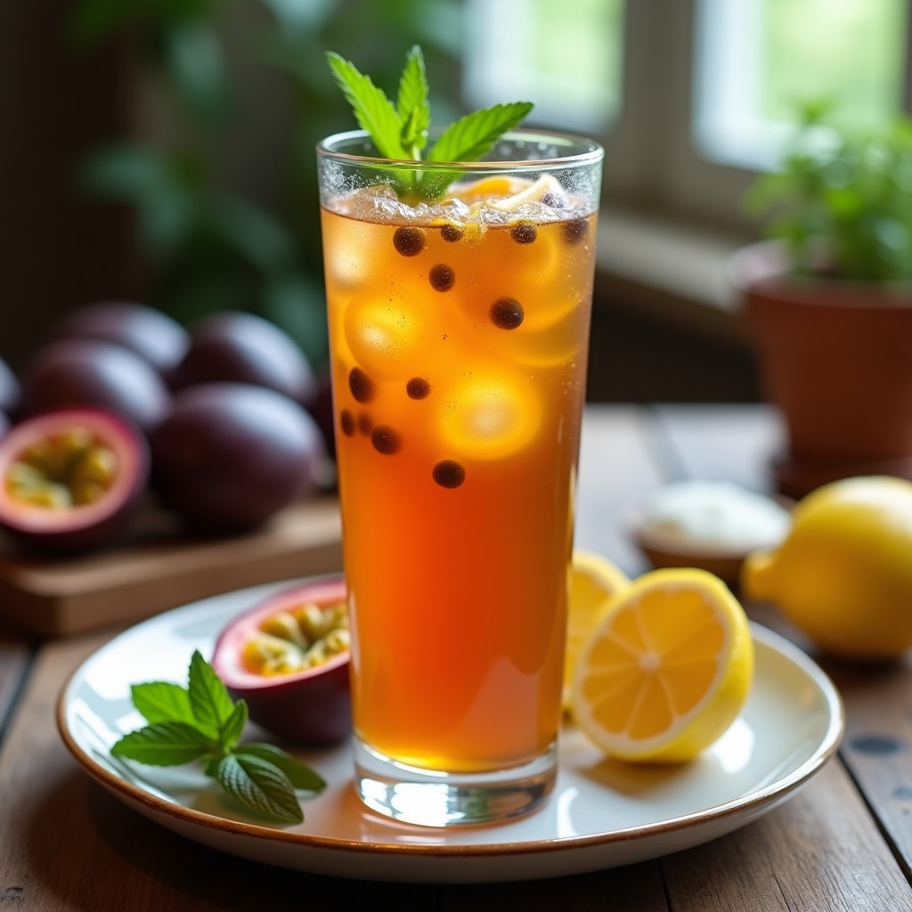 Vaso alto transparente con té helado de rooibos de color ámbar, decorado con semillas de granadilla, hielo y una ramita de menta fresca, sobre fondo de madera rústica con granadillas cortadas y hojas de menta dispersas.