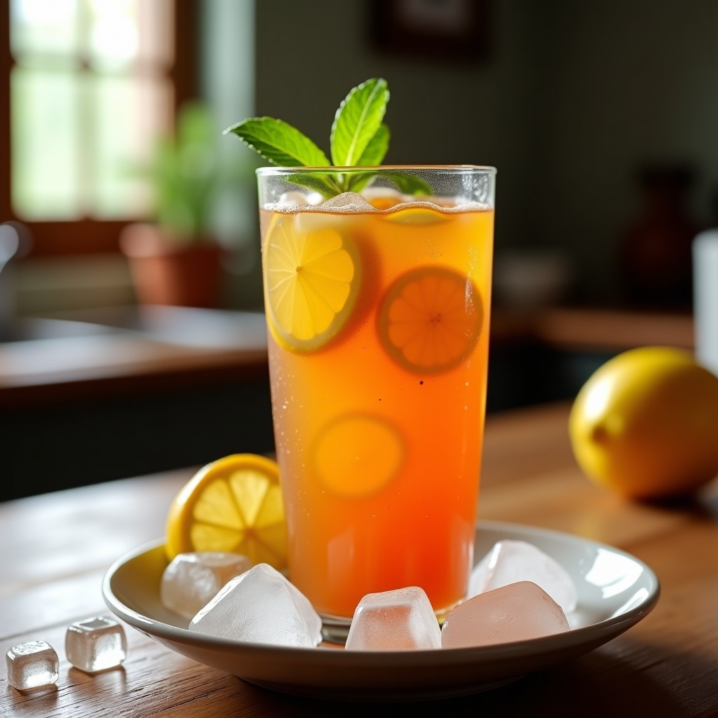Vaso alto transparente con té helado de rooibos color ámbar oscuro, burbujas de maracuyá amarillas flotando y rodajas de limón en el borde, sobre fondo de madera rústica con hielo escarchado.