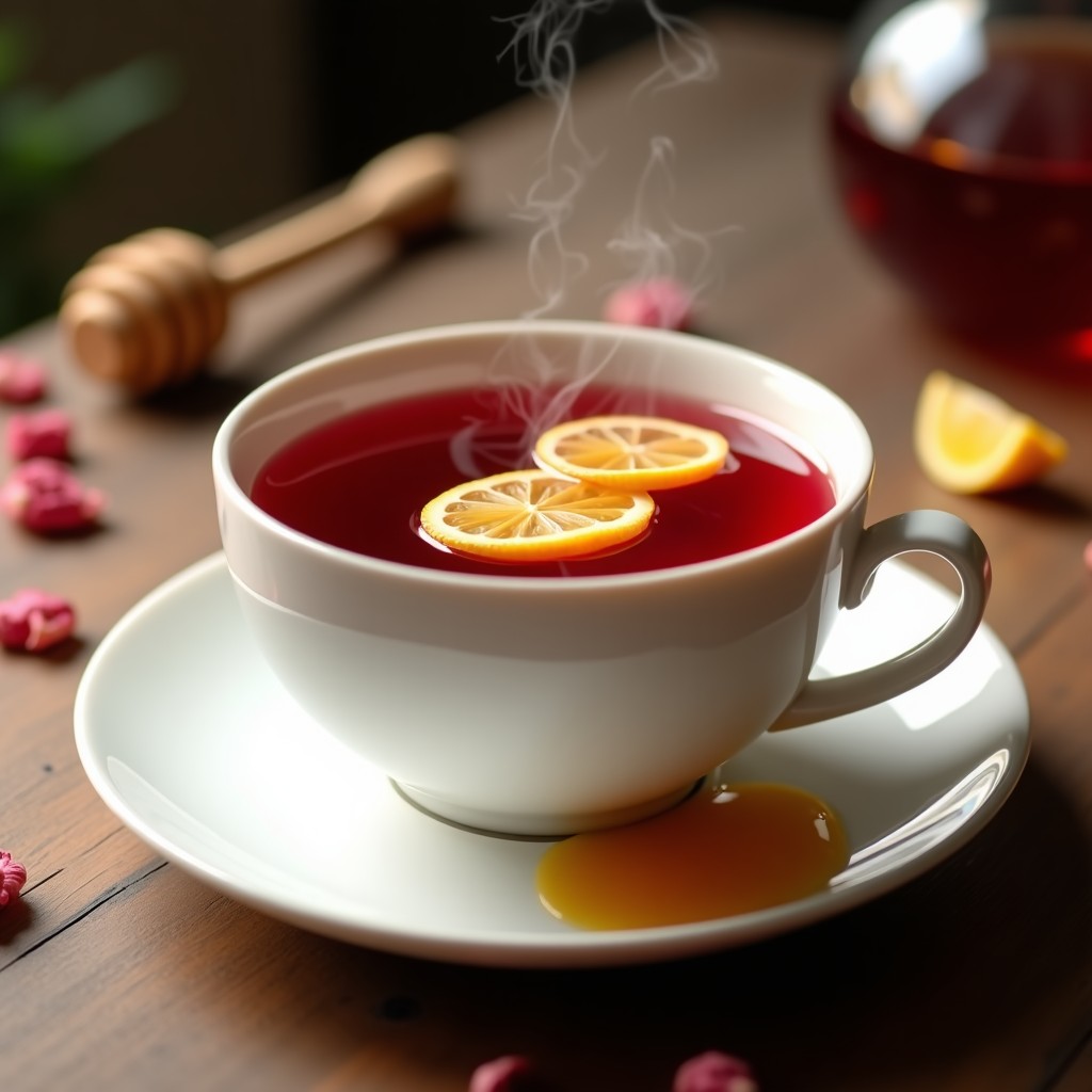 Taza de porcelana blanca con té de hibisco y jengibre de color rojo intenso, decorado con rodajas de limón fresco y un hilo de miel dorada. Fondo rústico con flores de hibisco secas y trozos de jengibre al lado.