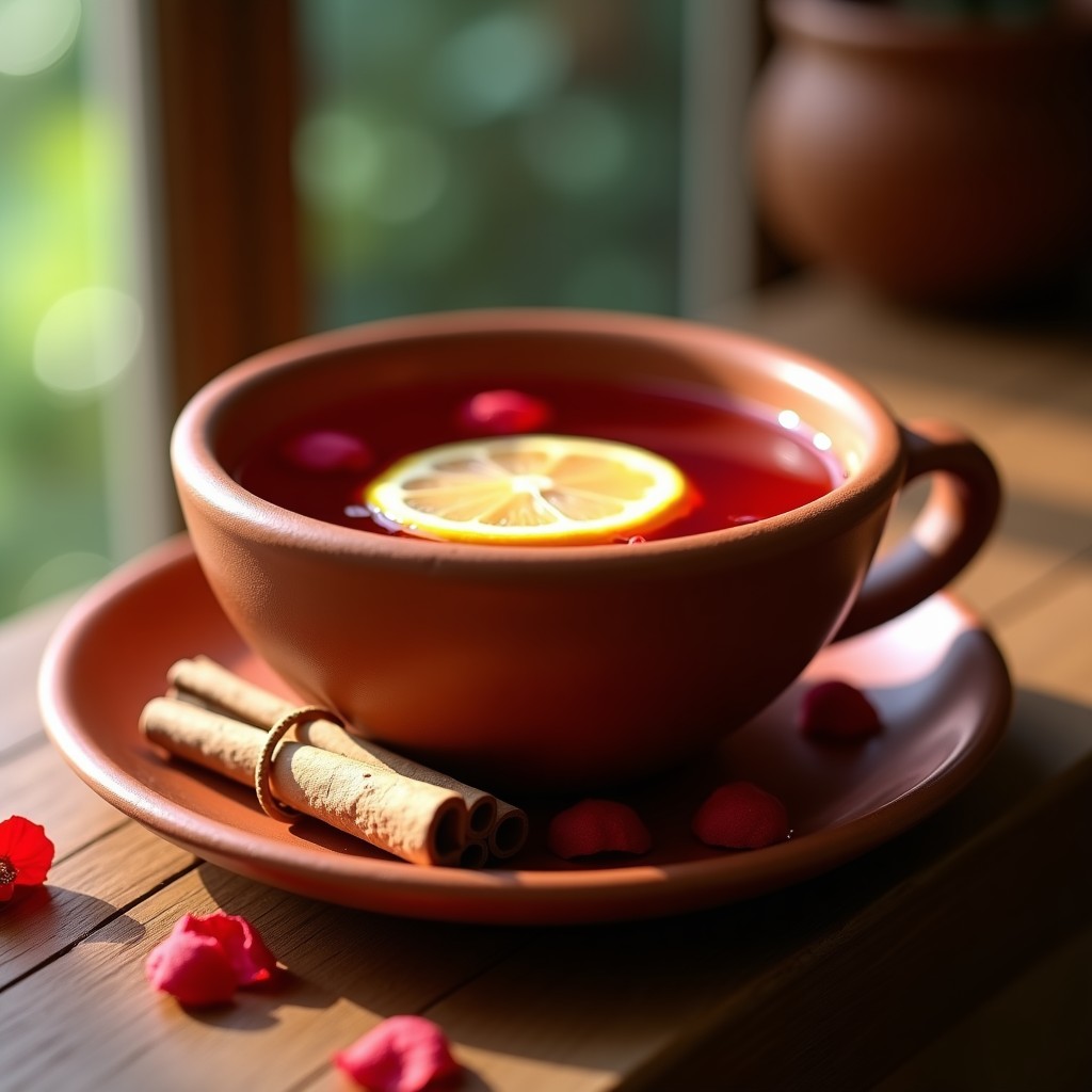 Taza de té de hibisco y jengibre con limón, bebida mexicana sin cafeína y relajante, servida en taza de barro con rodaja de limón y ramita de canela al lado.