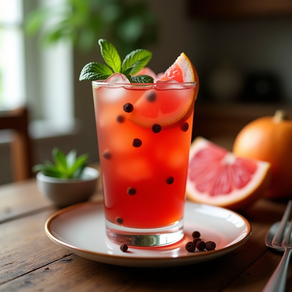 Vaso de cristal alto con té de hibisco de color rojo intenso, decorado con una rodaja de pomelo rosa y dos clavos de olor, sobre una mesa de madera con hojas de menta fresca y luz natural suave.