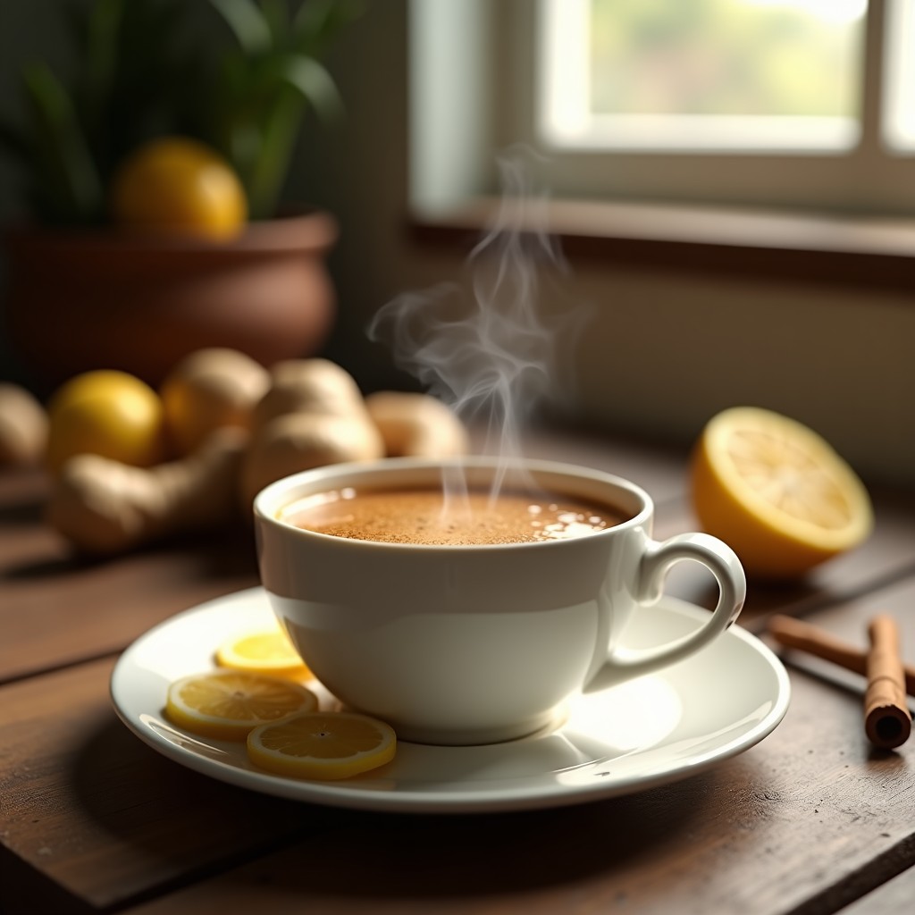Taza de cerámica blanca humeante con té de hongos chaga y jengibre, de color ámbar oscuro, acompañada de una rodaja de limón, una rama de canela y trozos de jengibre fresco sobre una mesa de madera rústica. Bebida inmunoestimulante y antiinflamatoria natural.