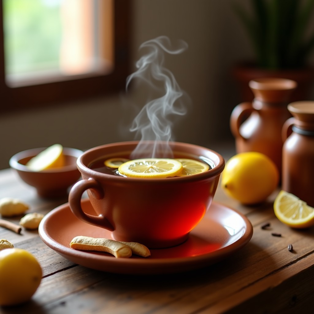 Taza de barro humeante con té de jaboncillo de color ámbar oscuro, rodajas de jengibre y limón flotando, sobre fondo rústico de madera con cáscaras de jaboncillo secas y una ramita de canela al lado. Bebida tradicional mexicana para la gripe.