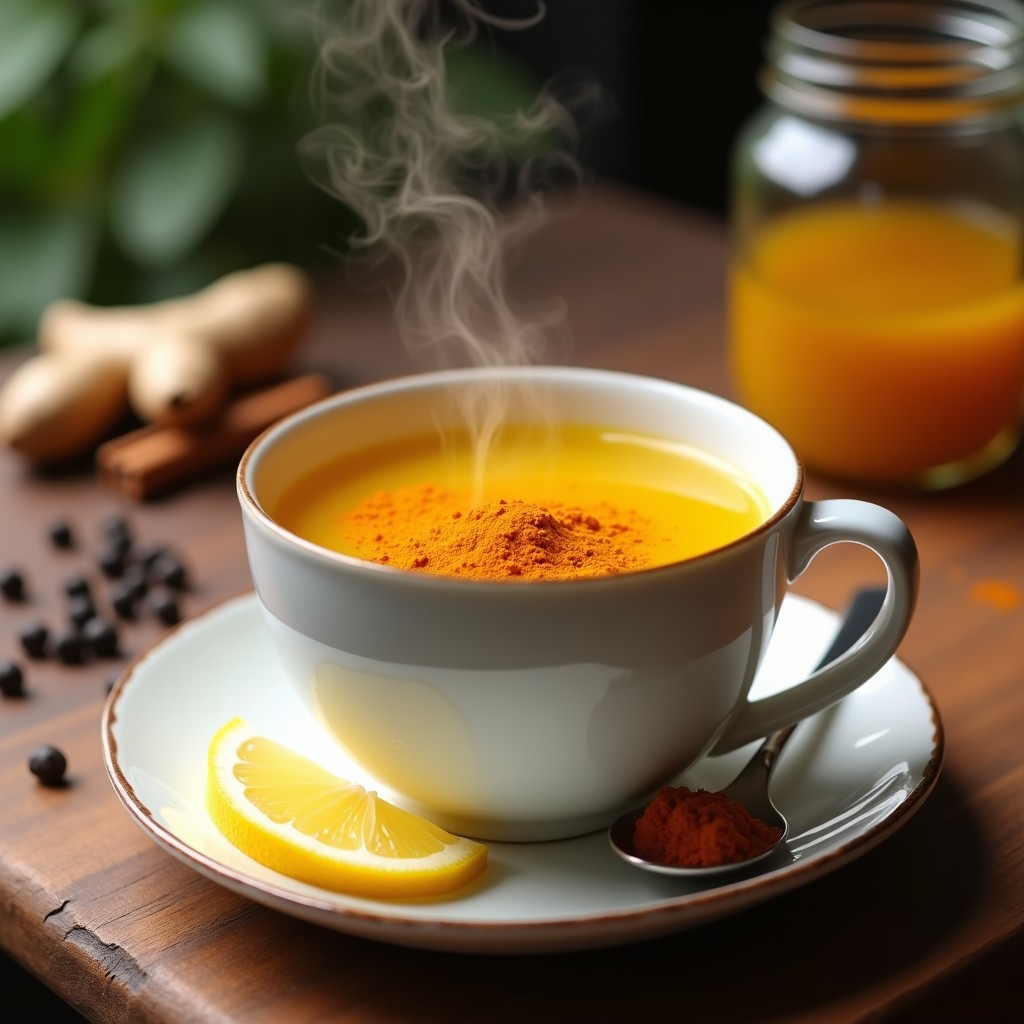 Taza de cerámica blanca humeante con té dorado de jengibre, kurkuma y pimienta negra, espolvoreado con cúrcuma en polvo, acompañada de una cucharita de miel de dátiles y rodajas de limón sobre una mesa de madera rústica con especias al fondo.