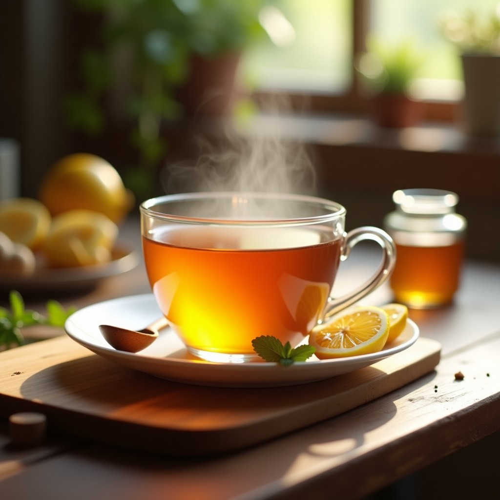 Taza de porcelana blanca con té de jengibre y limón con miel de Manuka, servido humeante con rodajas de limón y jengibre fresco al lado, sobre una mesa de madera rústica con fondo borroso de hierbas aromáticas.