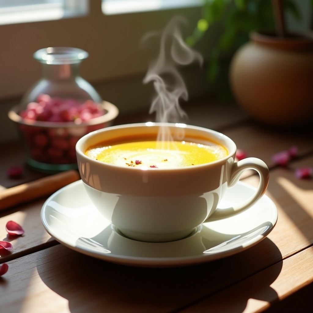 Taza de porcelana blanca con Té Latte de Cúrcuma y Pimienta Rosa, bebida golden milk antiinflamatoria y relajante, espolvoreada con pimienta rosa molida y canela, sobre una mesa de madera con especias al fondo.