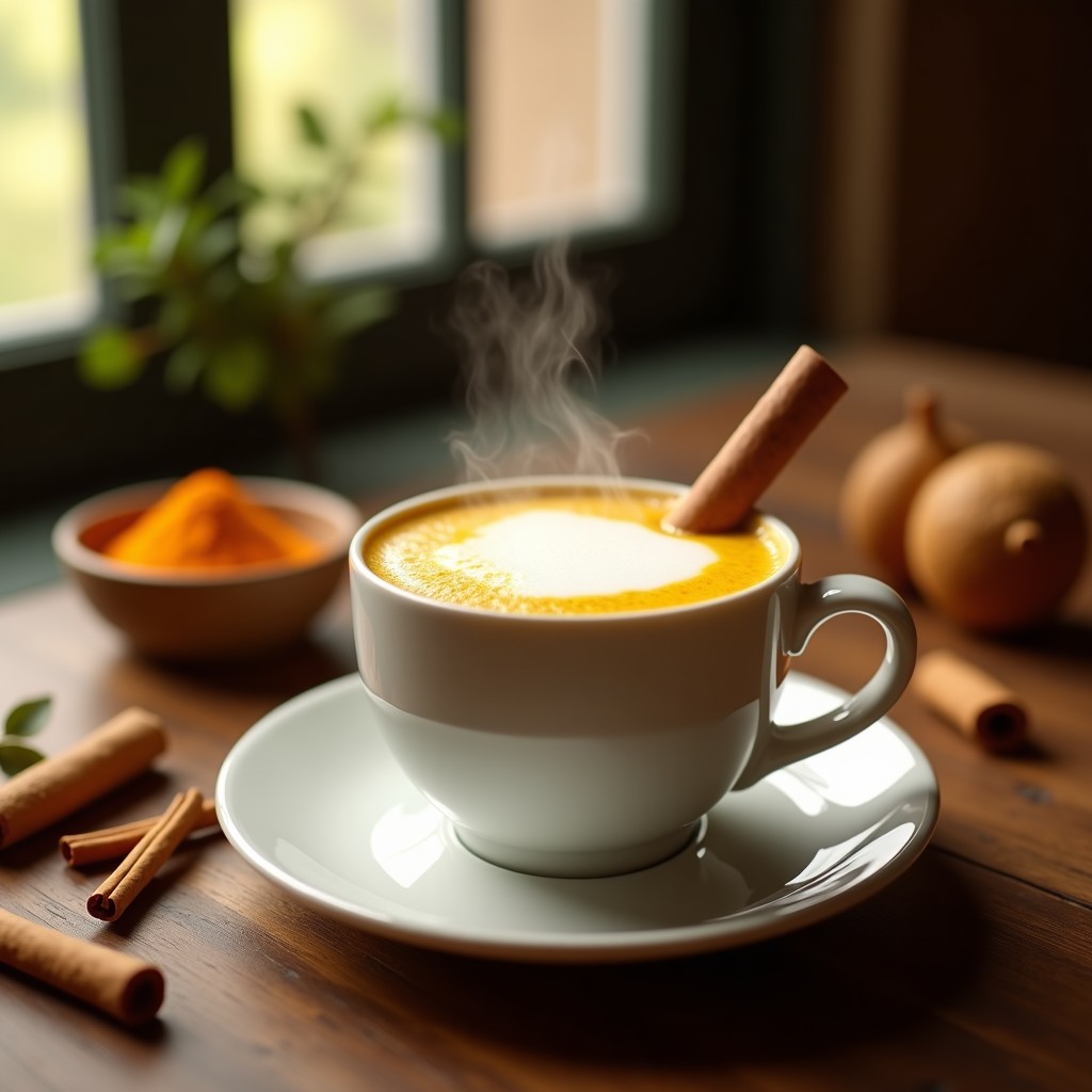 Taza de cerámica blanca humeante con té latte de golden milk con canela, de color dorado intenso, decorada con una rama de canela y un polvo de cúrcuma espolvoreado en la superficie. Fondo con especias dispersas y luz cálida.