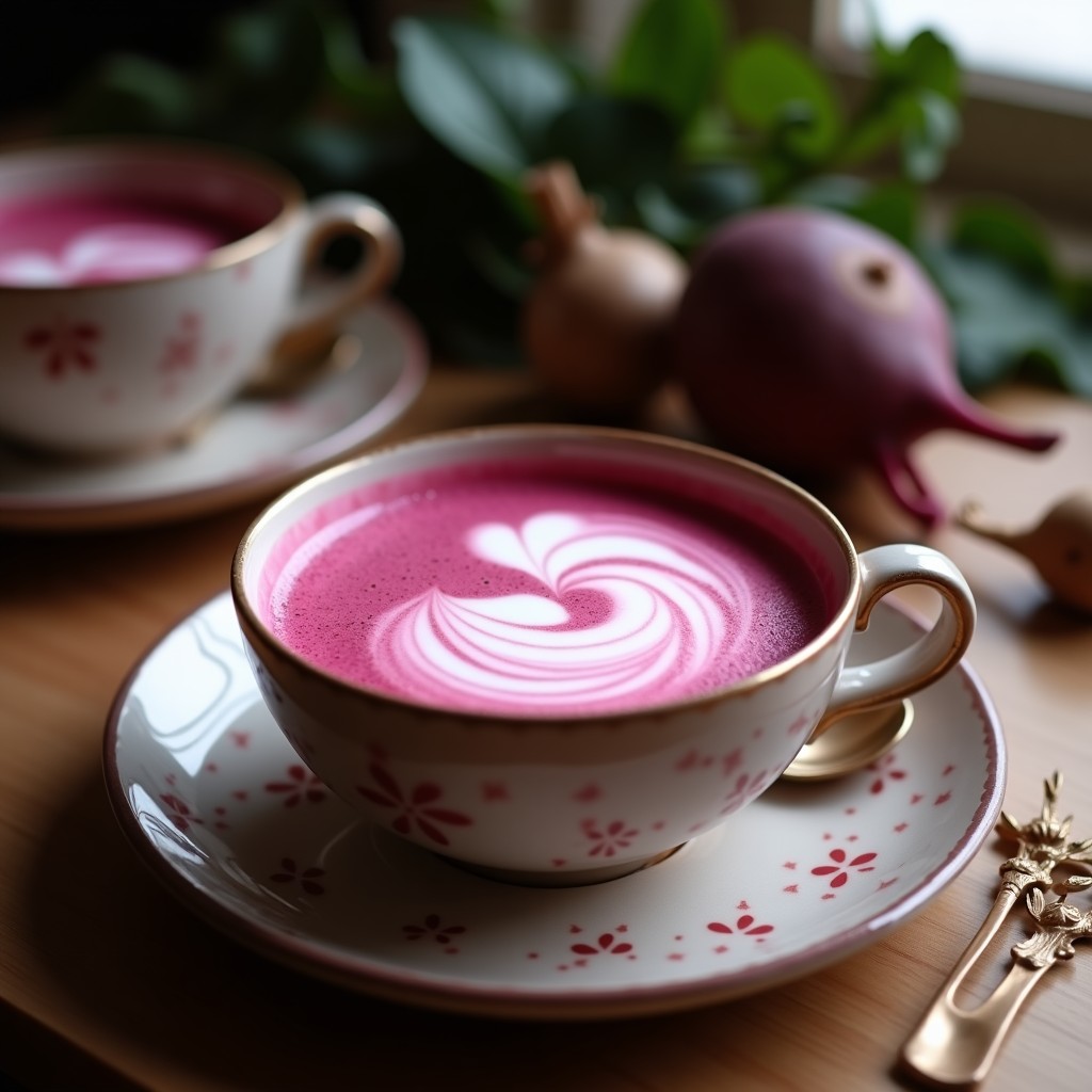 Taza de cerámica blanca con Té Latte de Remolacha y Jengibre, bebida detox vegana de color rosa terroso, espolvoreada con canela y acompañada de una rodaja de remolacha cruda sobre fondo rústico de madera.