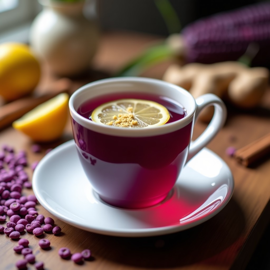 Taza de porcelana blanca con té de maíz morado vibrante, decorada con rodaja de limón amarillo y jengibre rallado, sobre mesa de madera rústica con granos de maíz morado y especias al fondo. Bebida peruana antiinflamatoria.