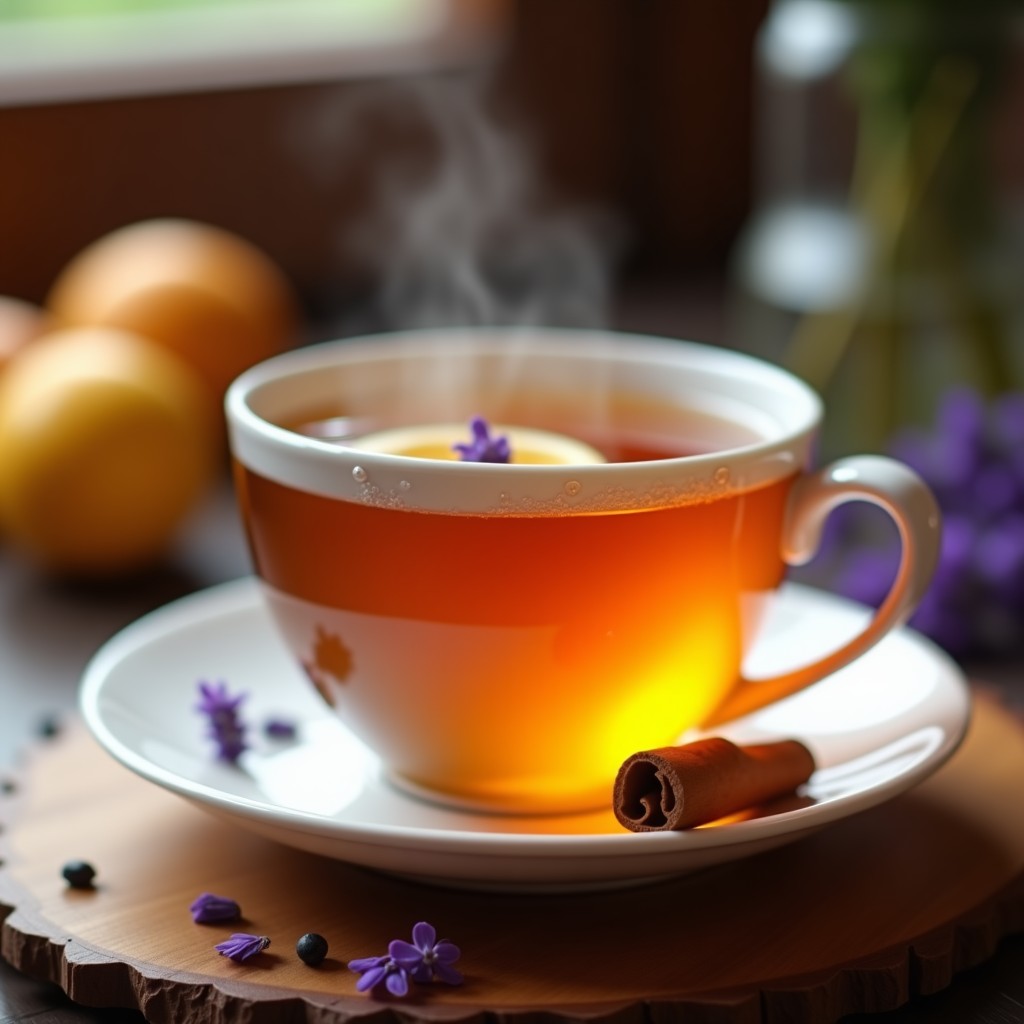 Taza de porcelana blanca con té de maracuyá y lavanda humeante, decorada con una ramita de canela y pétalos de lavanda fresca sobre una mesa de madera rústica. Infusión relajante sin cafeína para la noche.