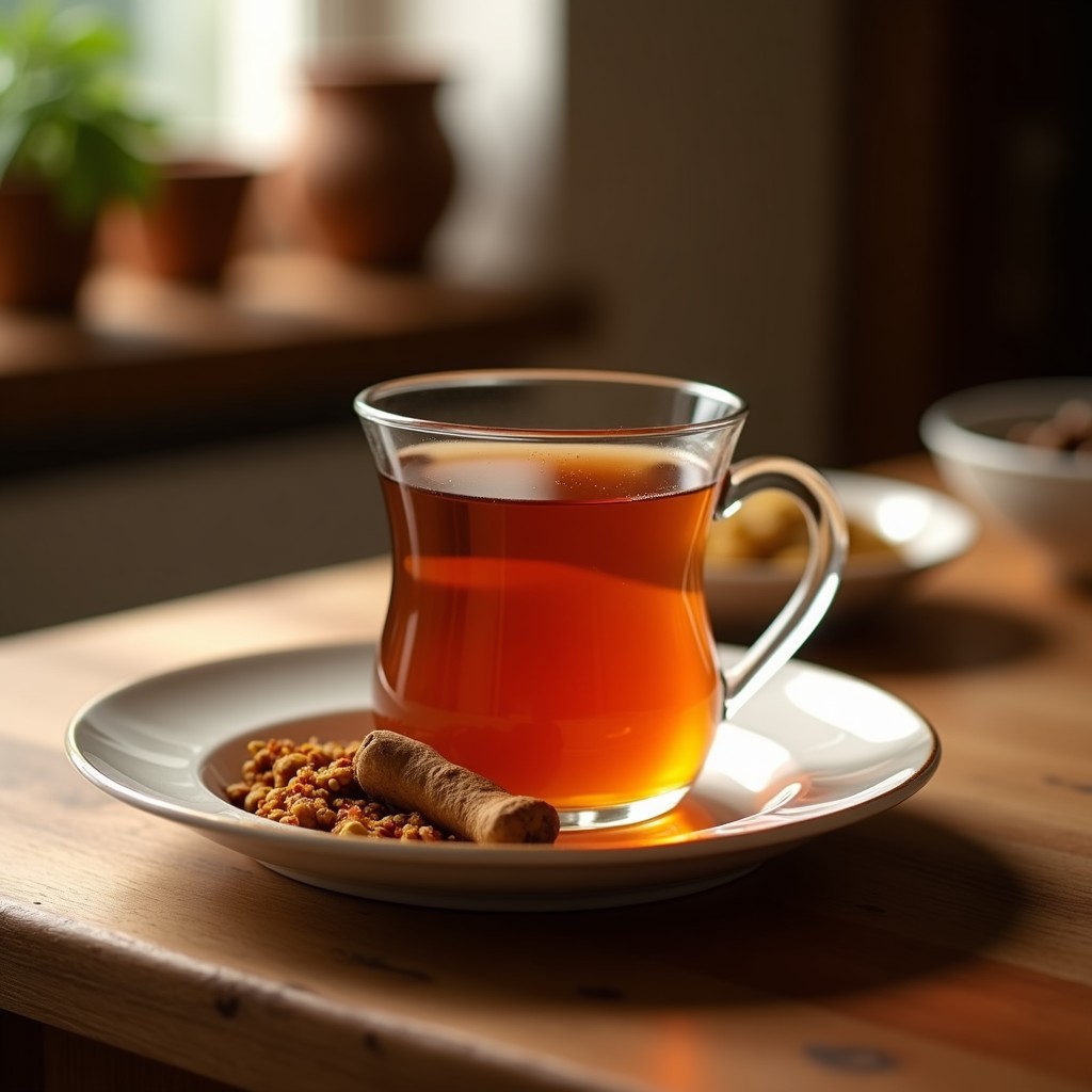 Taza de porcelana blanca con té de masala humeante, decorada con rodajas de jengibre fresco, vainas de cardamomo abierto y una rama de canela sobre una mesa de madera rústica. Fondos borrosos de especias y hojas de menta.