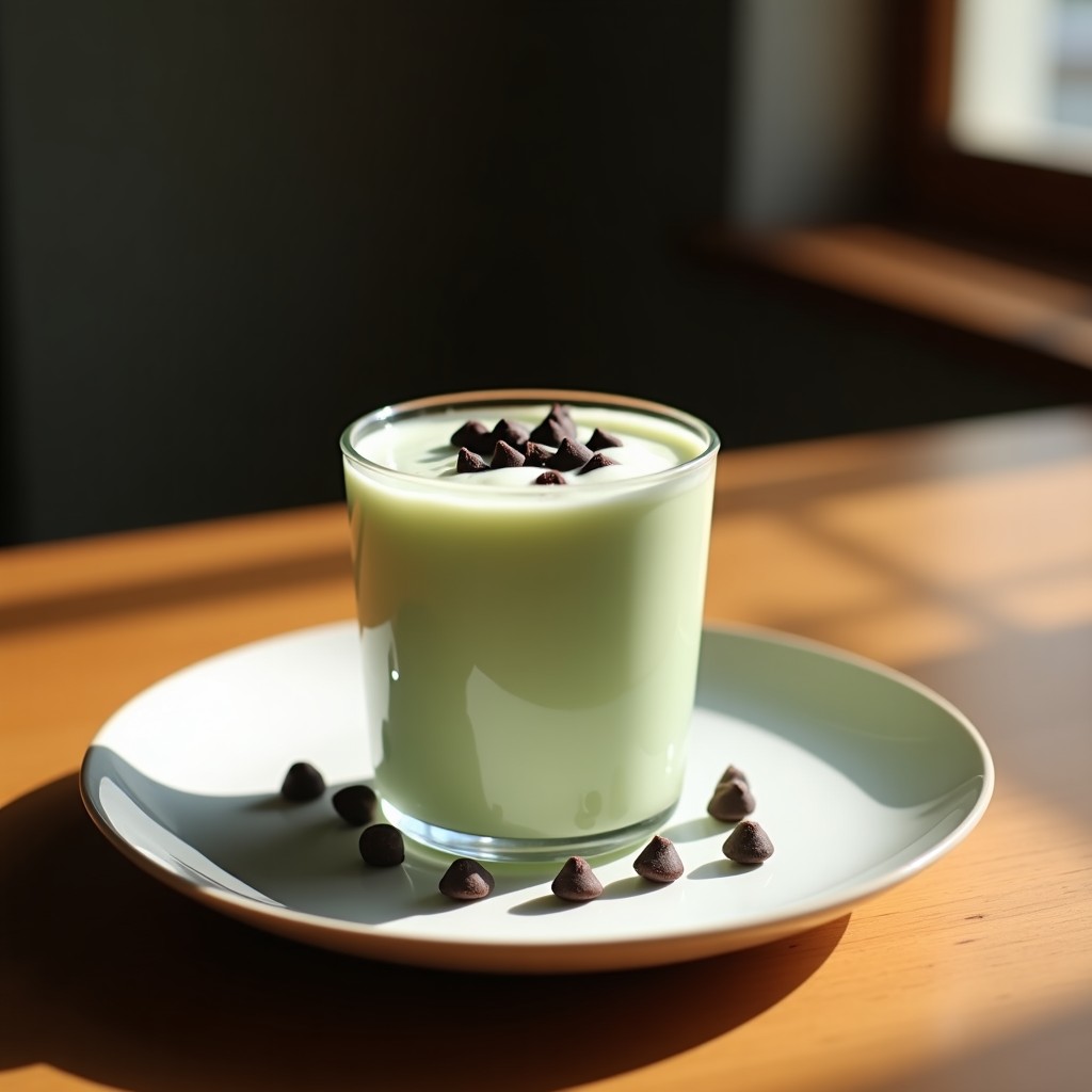 Copas de cristal transparente con té matcha helado de color verde esmeralda, coronado con chips de chocolate azul y virutas de coco, sobre fondo de mármol blanco con hojas de menta fresca.