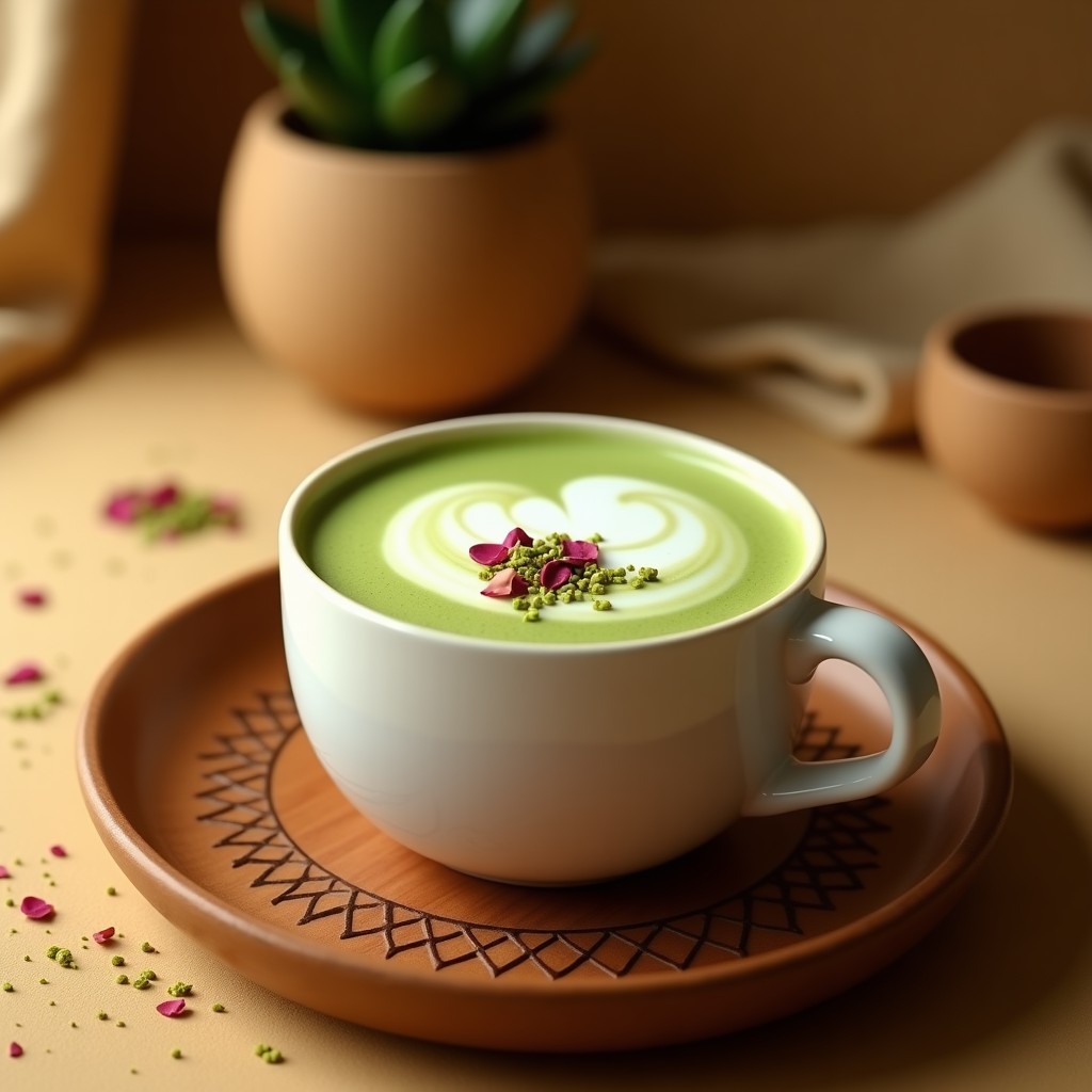 Taza de cerámica blanca con Té Matcha Latte con Leche de Camello, espuma verde claro en la superficie, decorada con pétalos de rosa y una pizca de cardamomo, sobre una bandeja de madera con fondo de desierto y texturas árabes.
