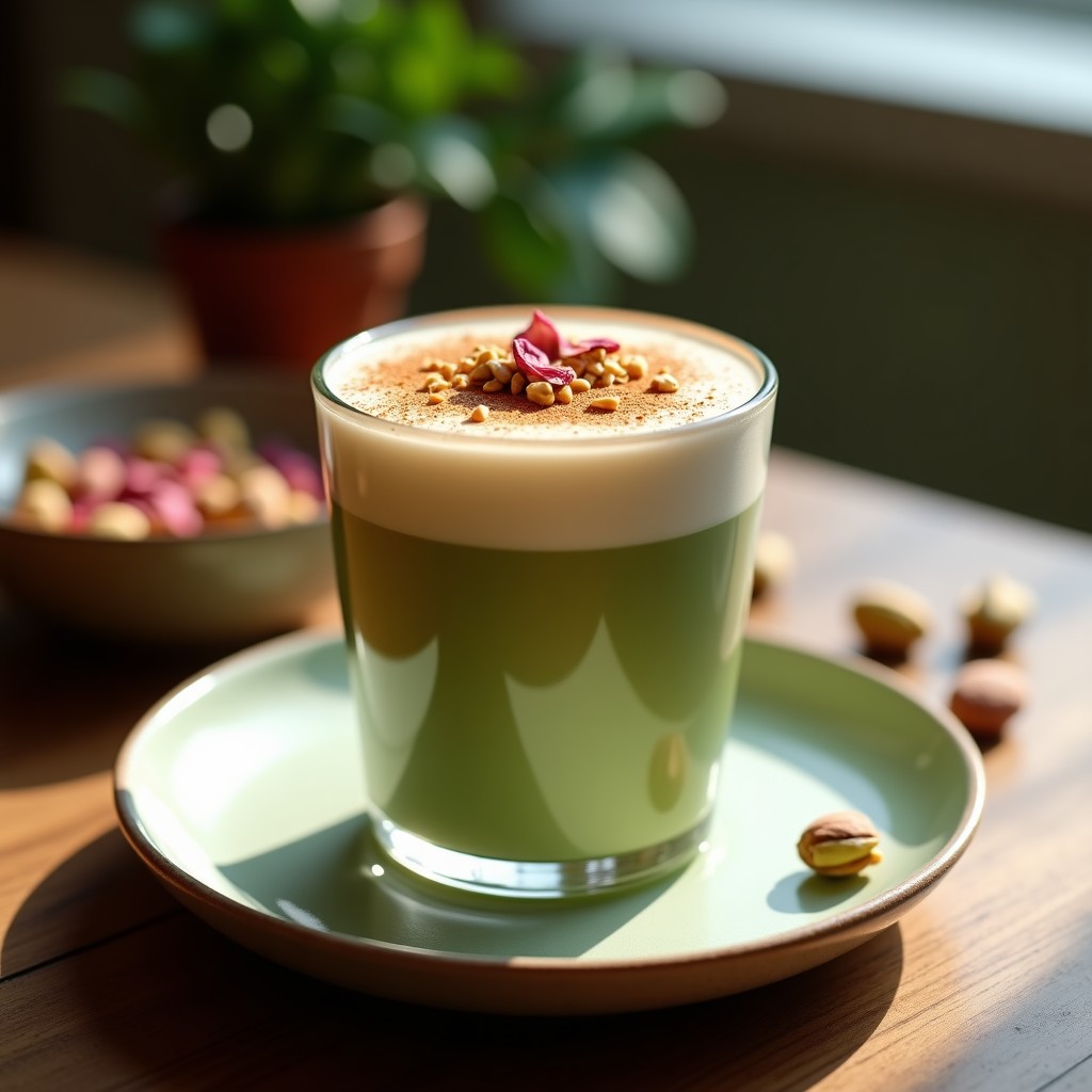 Té Matcha Latte con Leche de Pistacho y Esencia de Rosa: Bebida Persa Gourmet