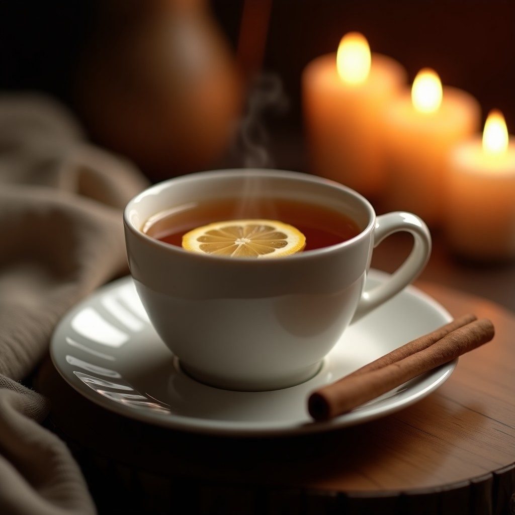 Taza de cerámica blanca con infusión de té de rooibos de color ámbar, rodaja de limón y jengibre fresco flotando, ramita de canela al lado, fondo oscuro con velas, ambiente relajante nocturno.