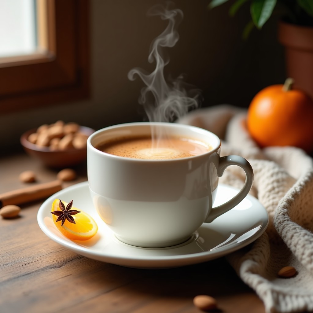 Taza de cerámica blanca con té de rooibos con leche de almendras y especias, decorada con una pizca de pimienta rosa molida y una rodaja de naranja seca. Fondo borroso con hojas de rooibos sueltas y granos de pimienta rosa. Bebida sudafricana relajante sin cafeína.