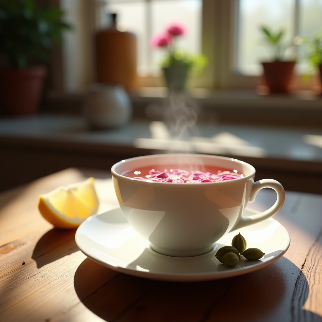 Taza de porcelana blanca con té de rosas y cardamomo humeante, pétalos de rosa flotando en la superficie, semillas de cardamomo y rodaja de limón al lado, fondo de madera rústica.