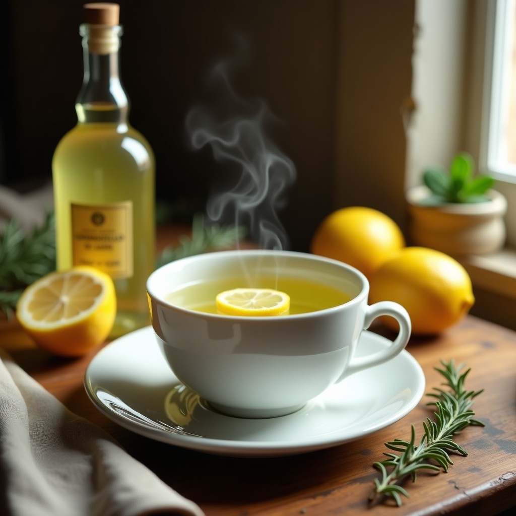 Taza de porcelana blanca con té verde humeante, rodaja de jengibre fresco y limón, acompañado de una botella de limoncello italiano sobre una mesa de madera rústica. Bebida antioxidante y quemagrasas.