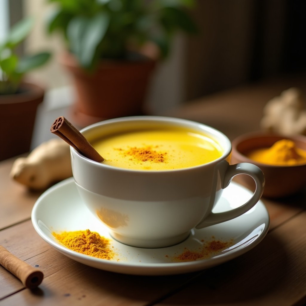Taza de cerámica blanca con té verde dorado y espumoso, decorada con una ramita de canela y un toque de cúrcuma en polvo espolvoreada. Fondos cálidos y ambiente relajante de noche, bebida antiinflamatoria y calmante.