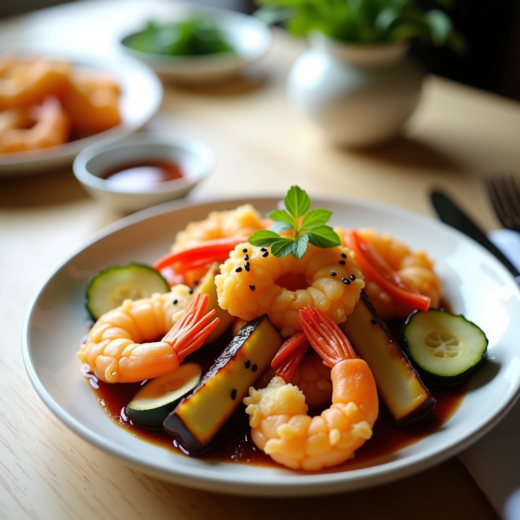 Tempura de camarones y verduras dorada y crujiente, dispuesta en un plato blanco con salsa Tatsuyaki oscura y semillas de sésamo. Fondos de verduras en juliana y camarones con textura esponjosa por dentro. Receta japonesa en airfryer.