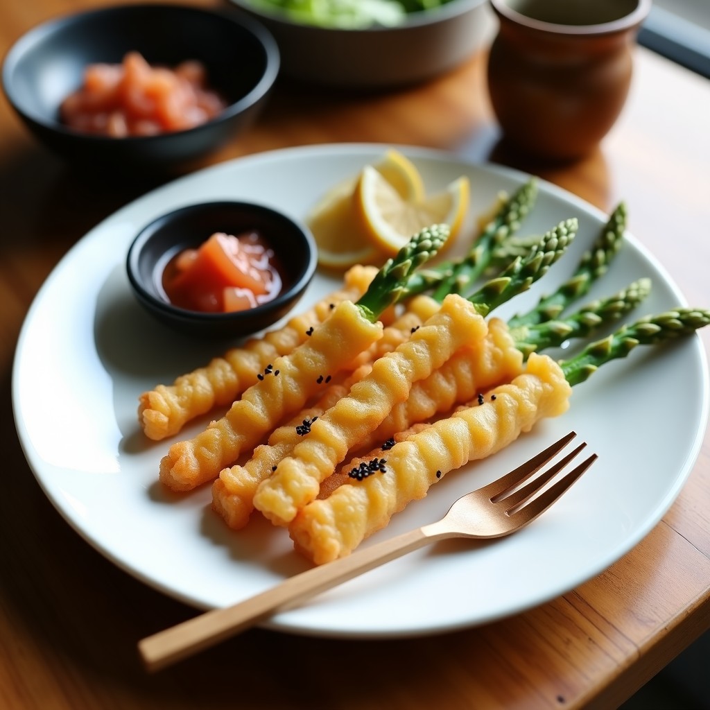 Plato blanco con tempura de espárragos trigueros dorados y crujientes, servidos con vinagreta de umeboshi en un cuenco pequeño de cerámica japonesa, decorado con semillas de sésamo negro y rodajas de jengibre fresco.