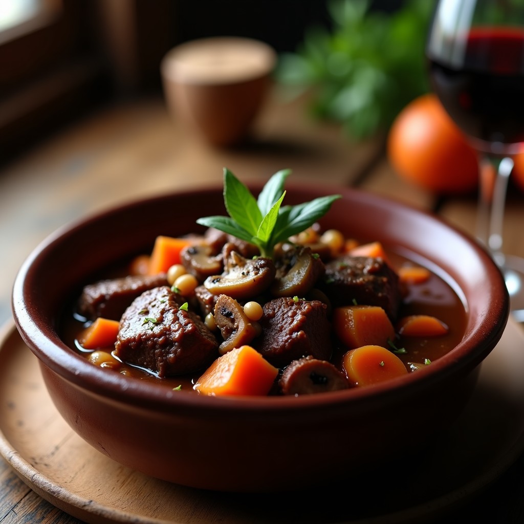 Ternera guisada con champiñones al vino tinto en una olla de barro, lista para servir, con una cuchara y un trozo de pan al lado