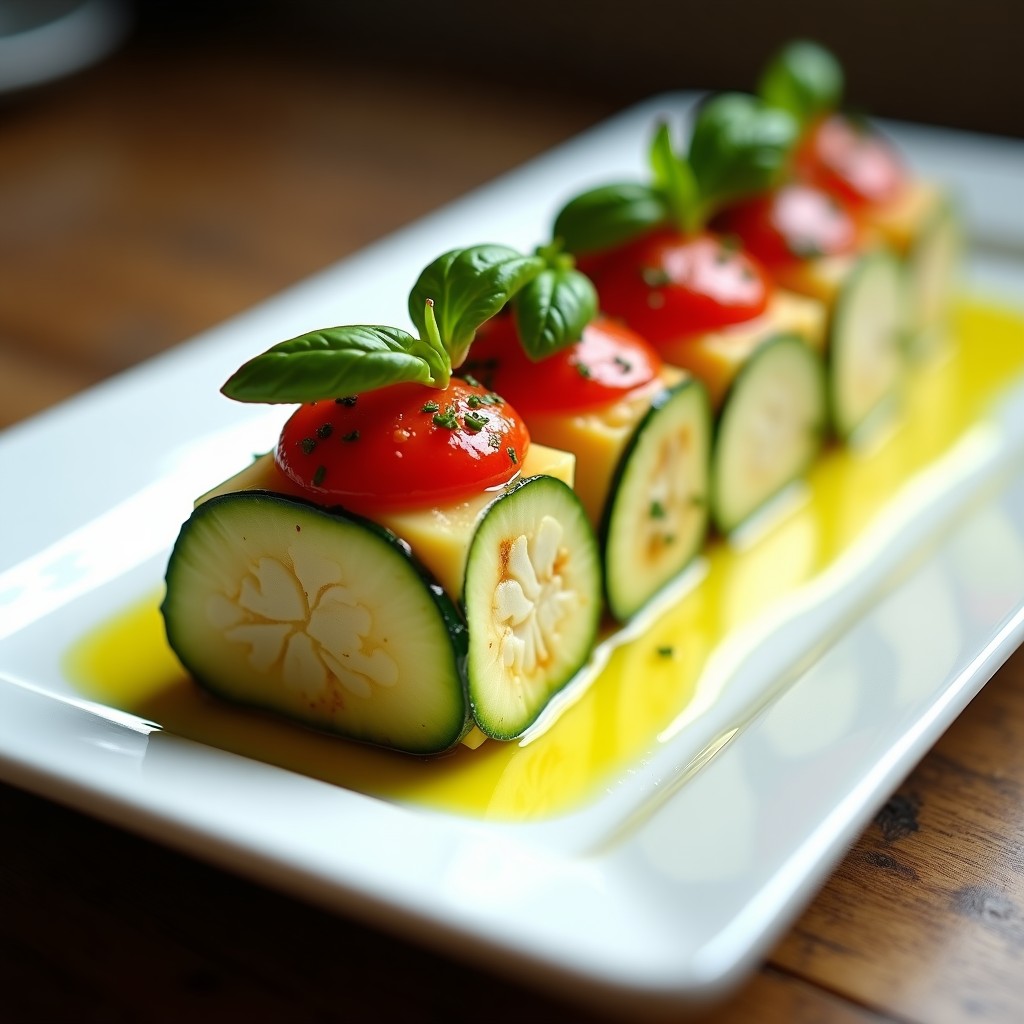 Terrina de calabacín y queso de cabra en molde rectangular con capas visibles, cubierta por una gelée de tomate brillante y decorada con hojas de albahaca fresca, servida en plato blanco sobre fondo rústico de madera.