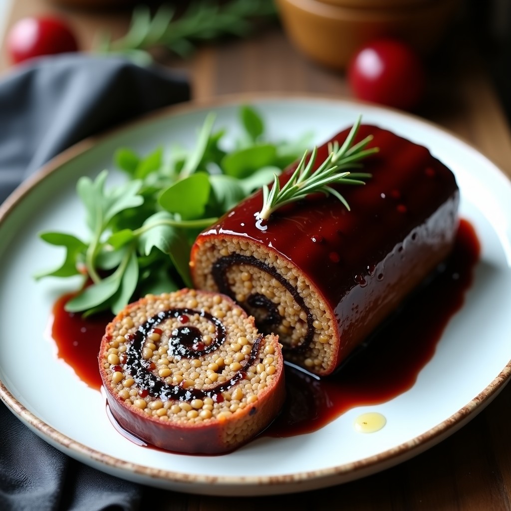 Terrina vegana francesa en rodajas sobre plato blanco, con capas visibles de lentejas pardinas y champiñones portobello, coronada por un glaseado brillante de vino tinto reducido. Acompañada de rúcula y vinagreta.