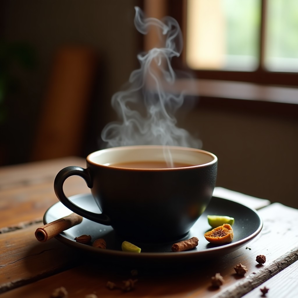 Taza de cerámica oscura con té ahumado de lapacho y chai, humeante, acompañada de especias enteras (canela, cardamomo, clavo) y una rodaja de jengibre fresco sobre una mesa de madera rústica.