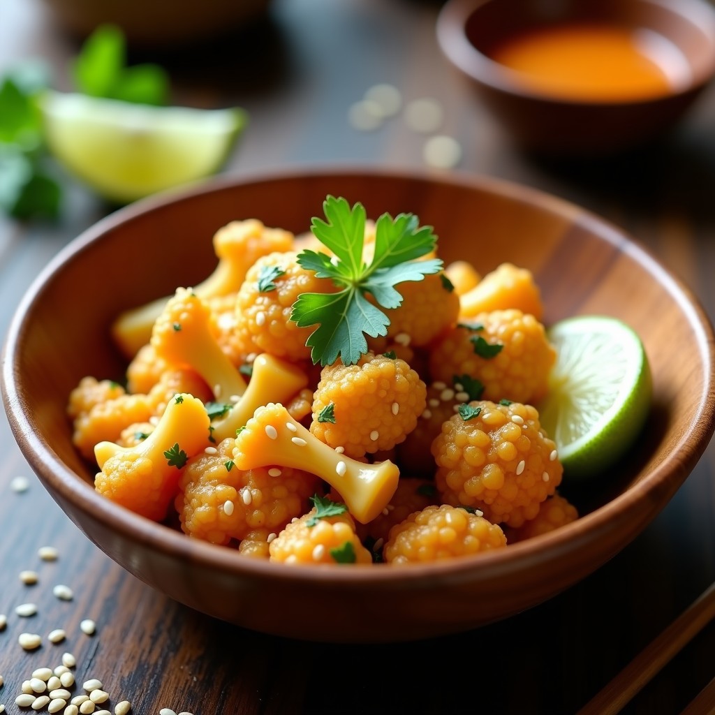 Plato hondo de cerámica blanca con pasta de coliflor dorada bañada en una salsa cremosa de cacahuete, decorada con rodajas de lima, semillas de sésamo, cilantro fresco y chile rojo. Receta viral TikTok vegana y sin gluten.