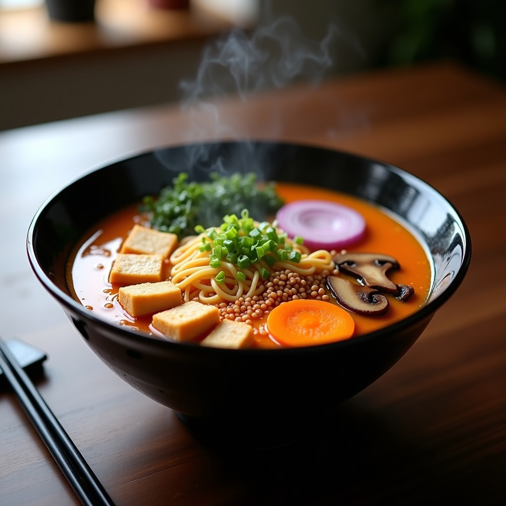 Cuenco hondo negro con ramen vegano especiado, fideos de arroz bañados en caldo dorado, tofu ahumado, zanahoria, cebolla morada y champiñones, decorado con semillas de sésamo y cebollino fresco.