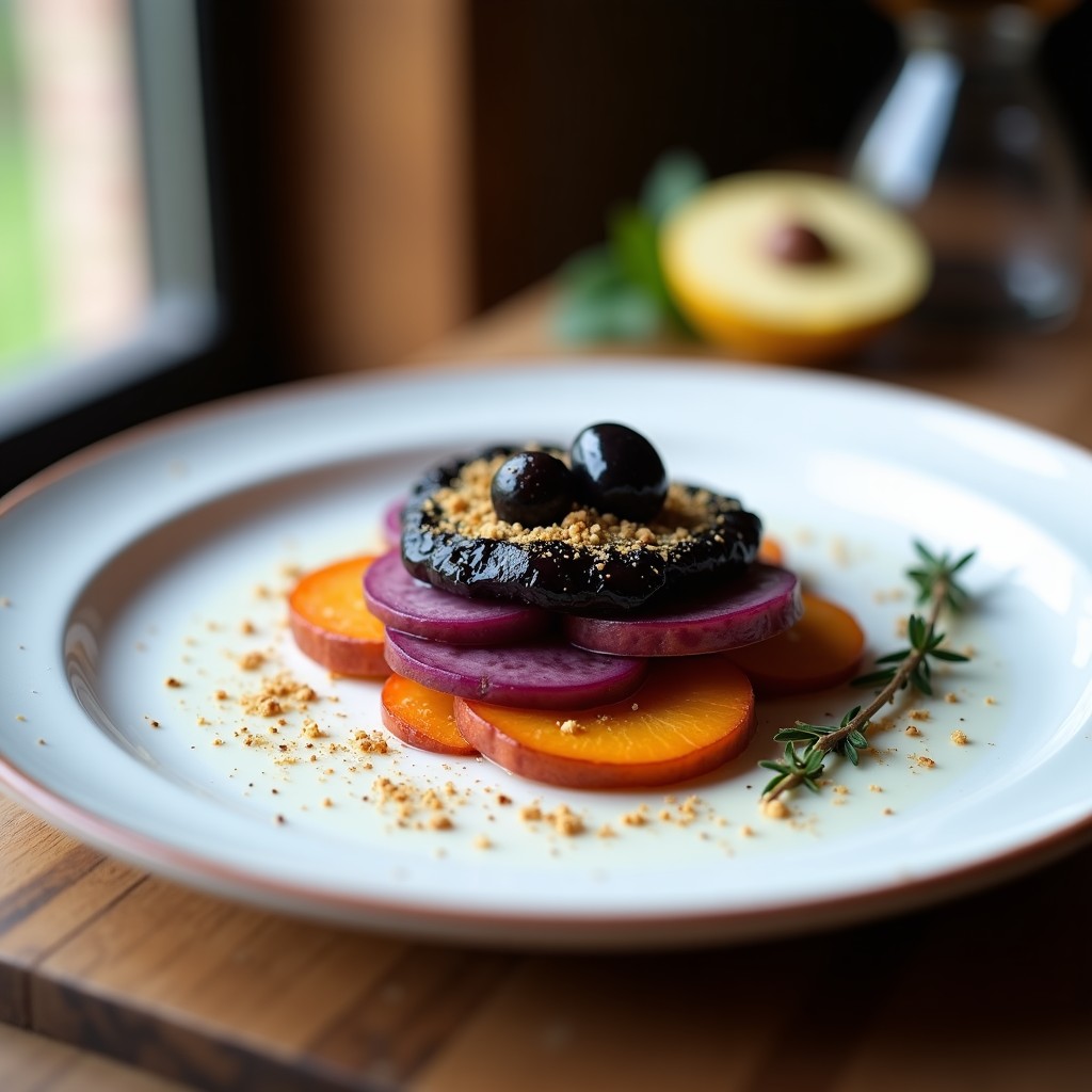 Timbal de Batata Morada y Puré de Aceitunas Kalamata con Polvo de Hierbas de Provenza: Entrante Francés