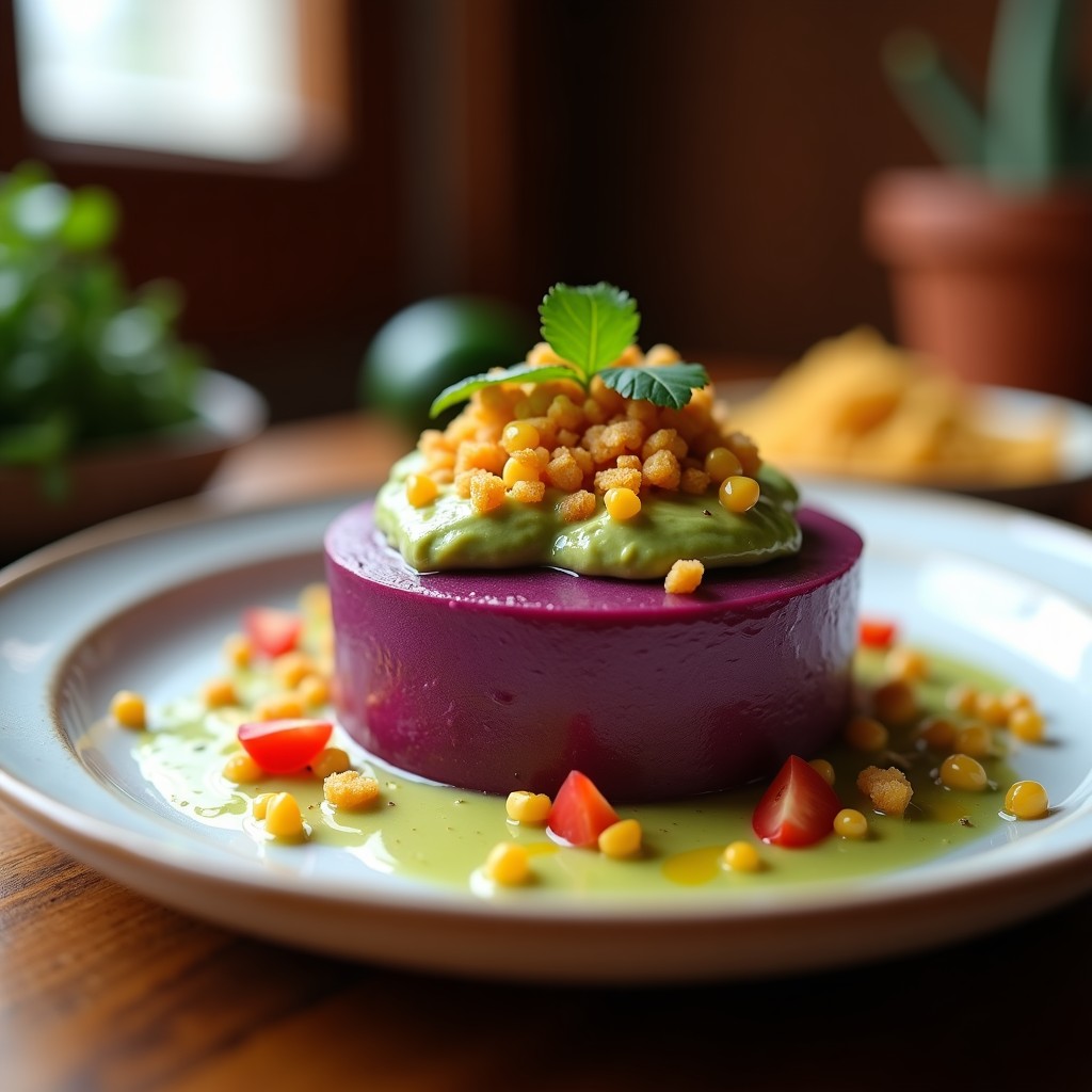 Timbal de puré de ñame morado en capas con guacamole cremoso y crujiente de maíz dorado, servido en plato blanco con decoración de cilantro y aceite de oliva, receta vegana mexicana.