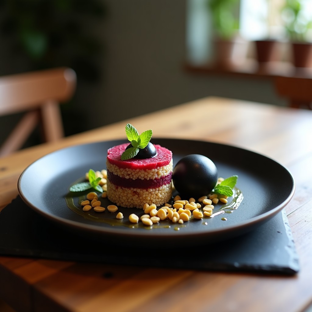 Timbal de quinoa y remolacha con helado de ajo negro: plato de vanguardia española con capas de quinoa dorada, remolacha asada en cubos y una bola de helado negro brillante, decorado con almendras fileteadas y rúcula baby sobre fondo blanco.