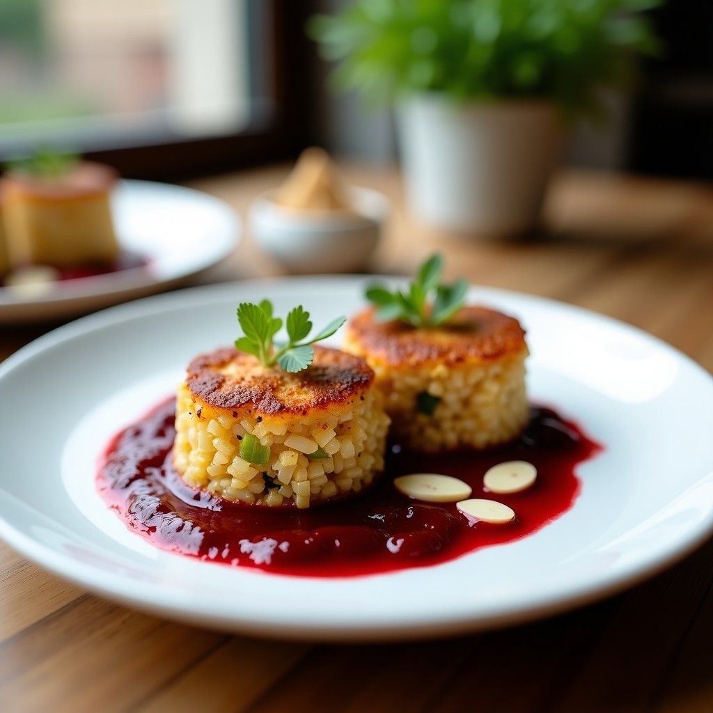 Plato blanco con dos timbales dorados de quinoa y hortalizas, presentados sobre un lecho de salsa de arándanos rojos brillante. Decorado con almendras fileteadas y brotes tiernos, con un fondo de mesa rústico y luz natural.