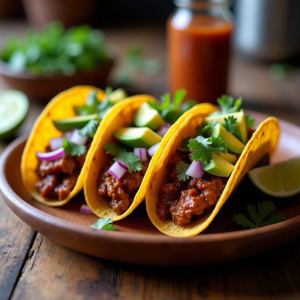 Tacos de maíz rellenos de tinga vegana de hongos portobello ahumados, cebolla morada, cilantro fresco y aguacate, servidos en un plato rústico con limón al lado.