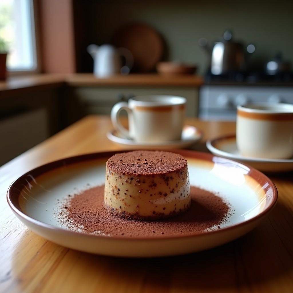 Tiramisú vegano sin azúcar en copa de cristal con capas visibles de puré de boniato naranja, crema de anacardos blanca y espolvoreado generoso de cacao puro. Servido sobre mesa rústica de madera con cuchara de postre y granos de café al lado.