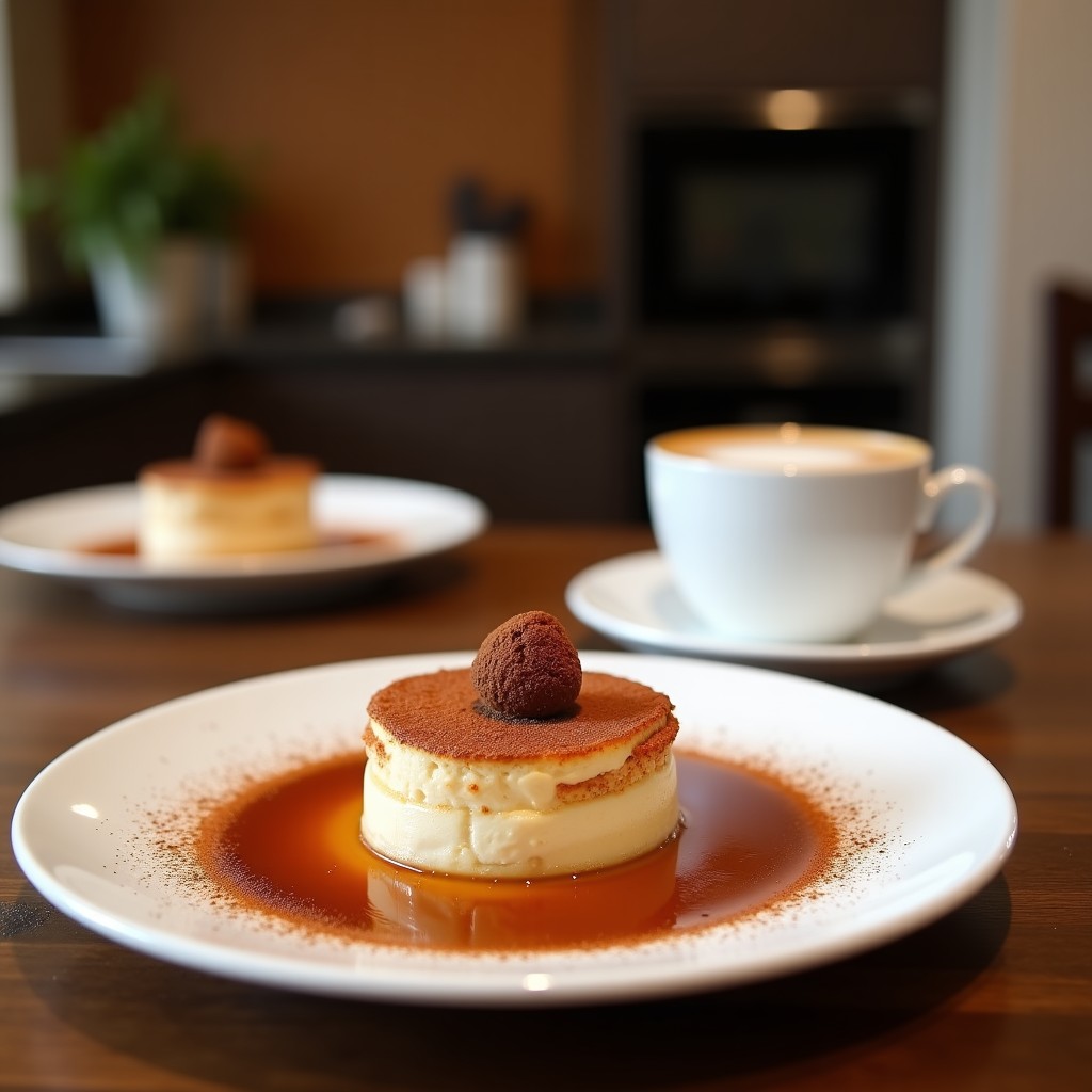 Porción de tiramisú clásico italiano en copas de cristal, con capas visibles de bizcochos ladyfingers empapados en café, crema de mascarpone esponjosa y espolvoreado generoso de cacao en polvo, servido sobre una mesa rústica de madera con una taza de espresso al lado.